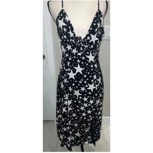 Nastygal Dress Women 6 Black White Stars Midi Tie Front Slits Sexy Low cut